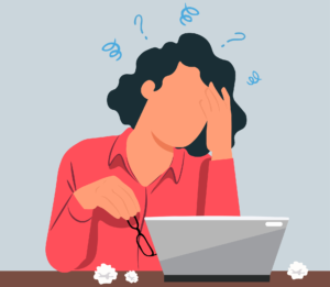 illustration vector of lady looking confused at laptop